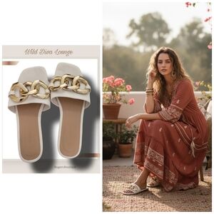 🌿Wild Diva Lounge Women's 6.5 Gold Tone Chain Adorned White Sandals